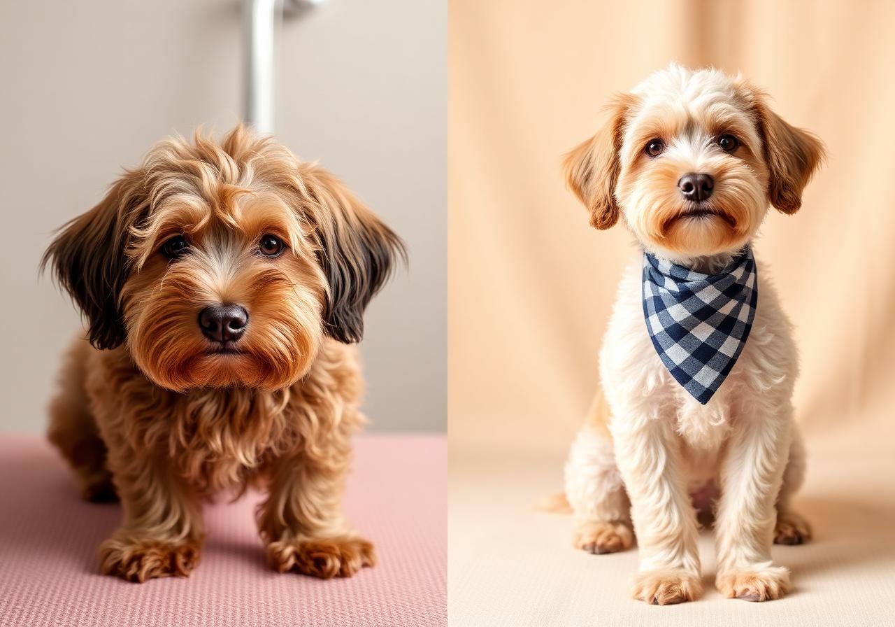Before and after grooming of a doodle puppy with bandana