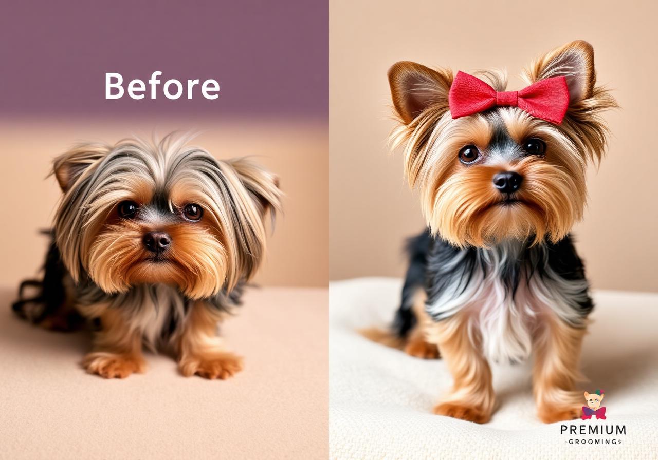 Before and after grooming of a yorkie with red bow